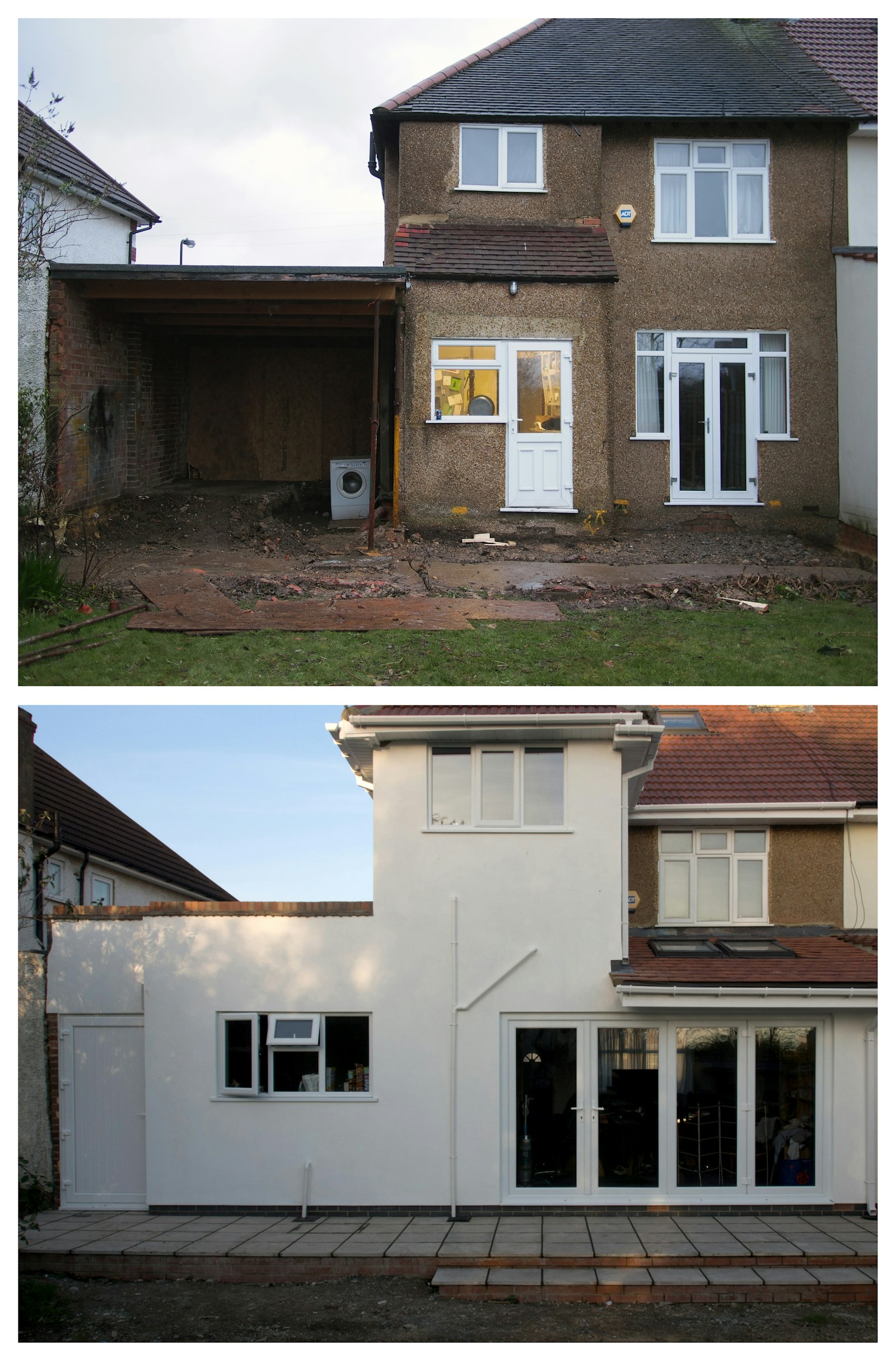 Before and after of a two-storey rear extension on a semi-detached house